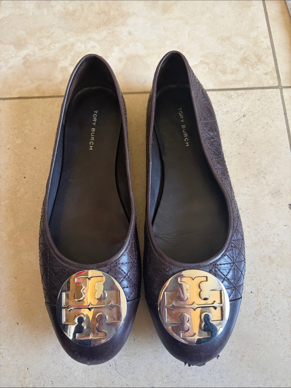 Tory Burch Dark Brown Quilted Leather Logo Ballet Flats with Gold Emblem